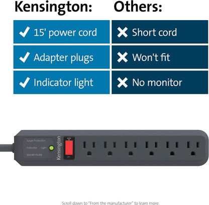 Guardian 6 Outlet Power Strip, 15Ft Surge Protector, 15-Foot Cord, 540 Joules, Black(K38215Na), Plastic, Rubber